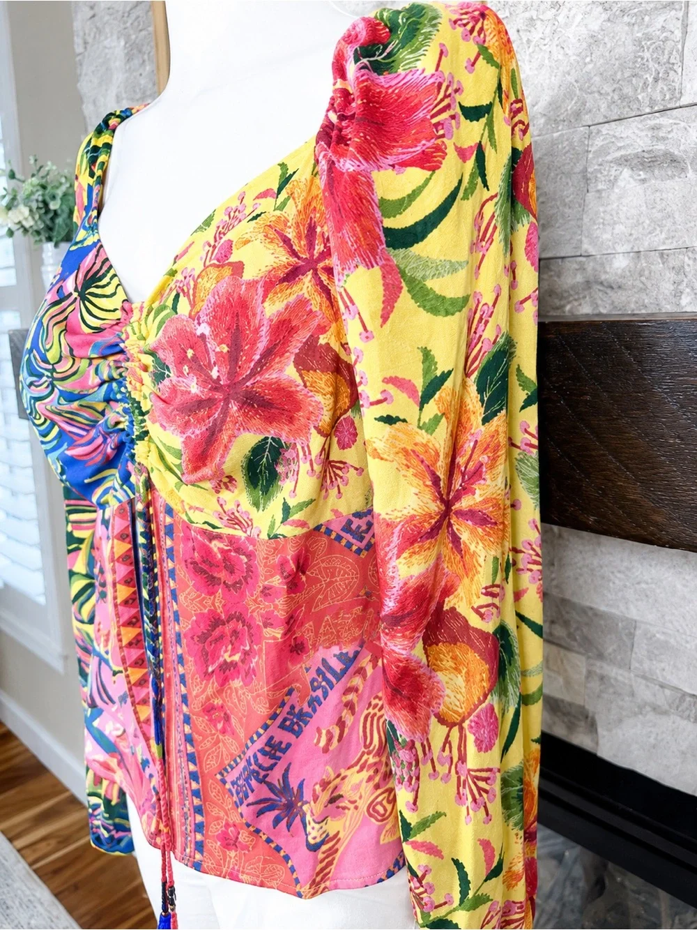 FARM Rio Patchwork Corset Puff Sleeve Blouse M Beaded Tassel